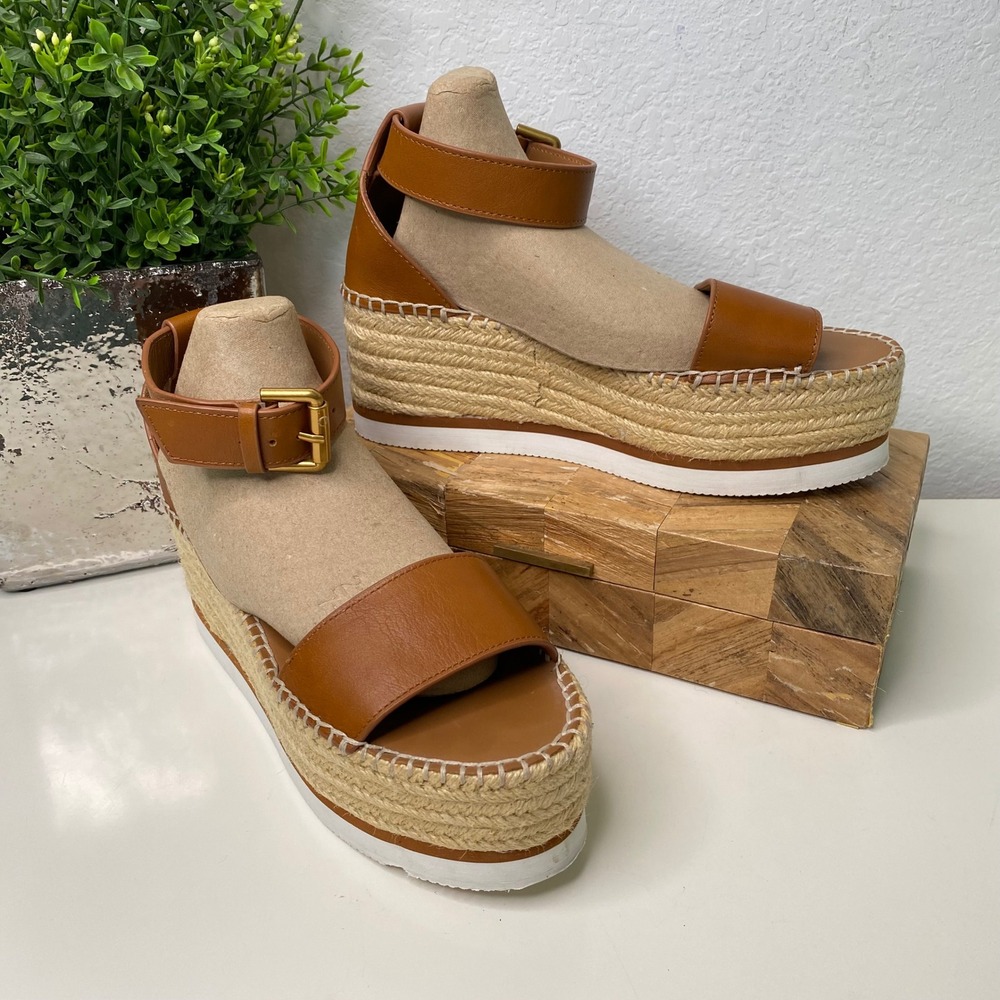 See by Chloe Glyn Calf Leather Espadrille Platform Sandals Tan Size 8